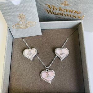 Vivienne Westwood Silver and Pink Heart Saturn Necklace and Earrings Set